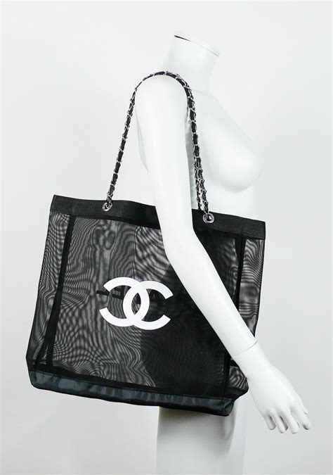 chanel black mesh tote bag|Black Chanel bag silver chain.